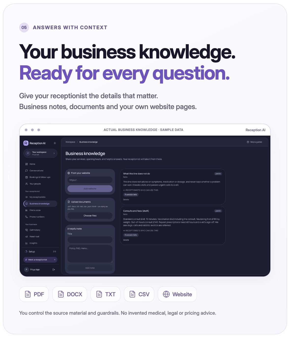 Reception AI — business knowledge